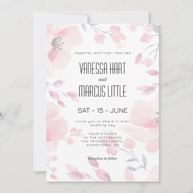 Invitación de boda floral de Anémona Rosa (Anverso)