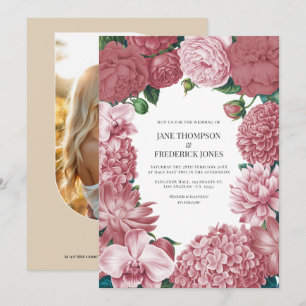 Invitación de boda floral de arcilla rosada, rosa 