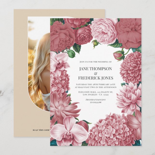 Invitación de boda floral de arcilla rosada, rosa  (Anverso / Reverso)