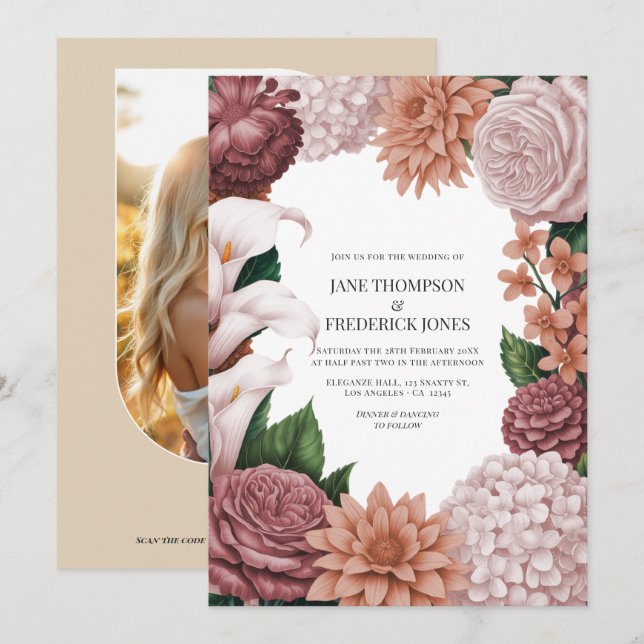 Invitación de boda floral de arcilla Rosé, rosa Te (Anverso / Reverso)