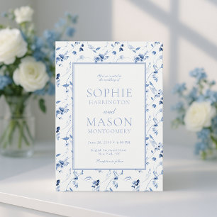 Invitación de boda floral de arte fino azul polvor
