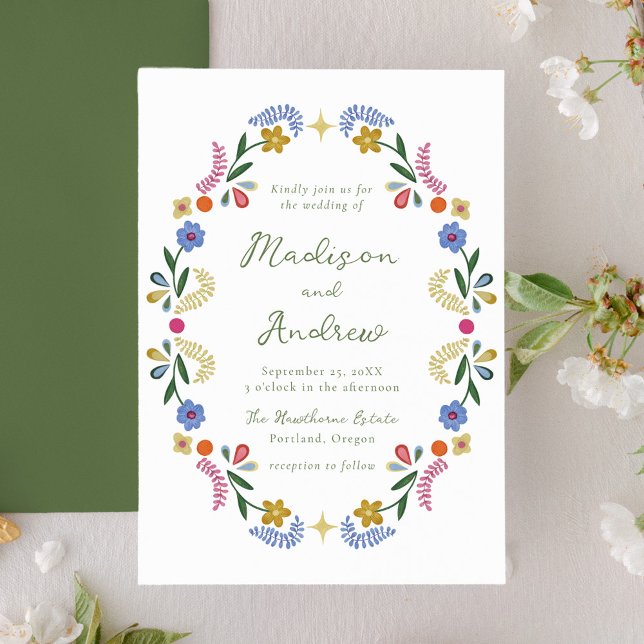 Invitación de boda floral de arte popular capricho (Subido por el creador)