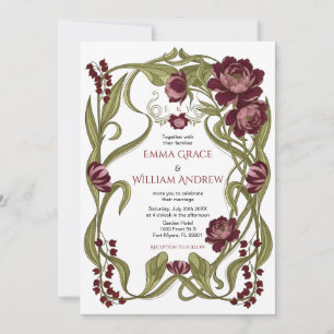 Invitación de boda floral de Borgoña Art Nouveau