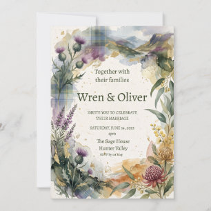 Invitación de boda floral de cardo con tartán esco