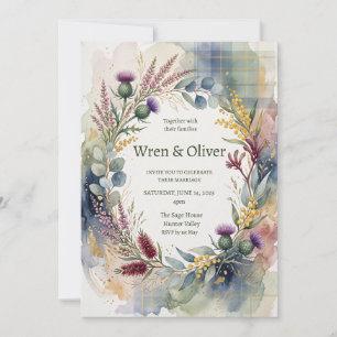 Invitación de boda floral de cardo con tartán esco