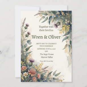 Invitación de boda floral de cardo con tartán esco
