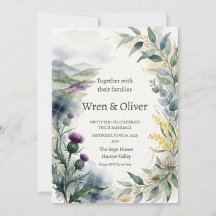 Invitación de boda floral de cardo con tartán esco