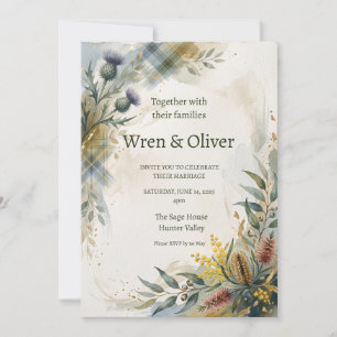 Invitación de boda floral de cardo con tartán esco