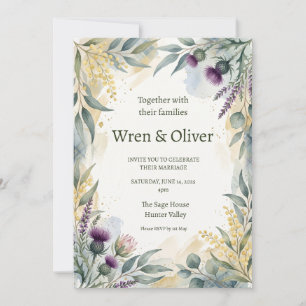 Invitación de boda floral de cardo con tartán esco