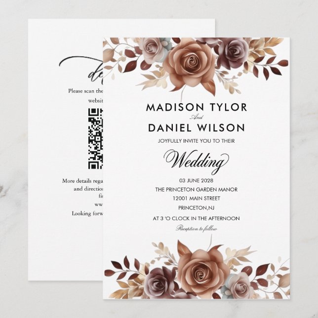 Invitación de boda floral de cobre de chocolate (Anverso / Reverso)