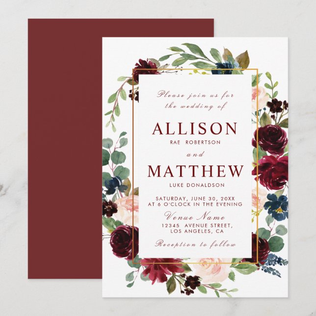 invitación de boda floral de color agua burdeos (Anverso / Reverso)