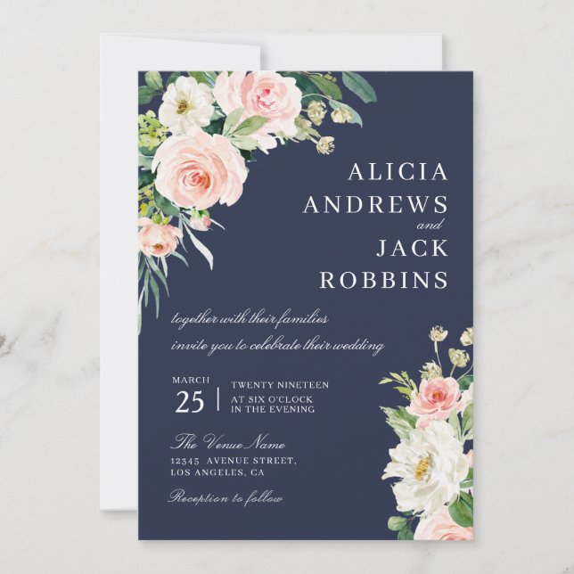 invitación de boda floral de color azul moderno (Anverso)