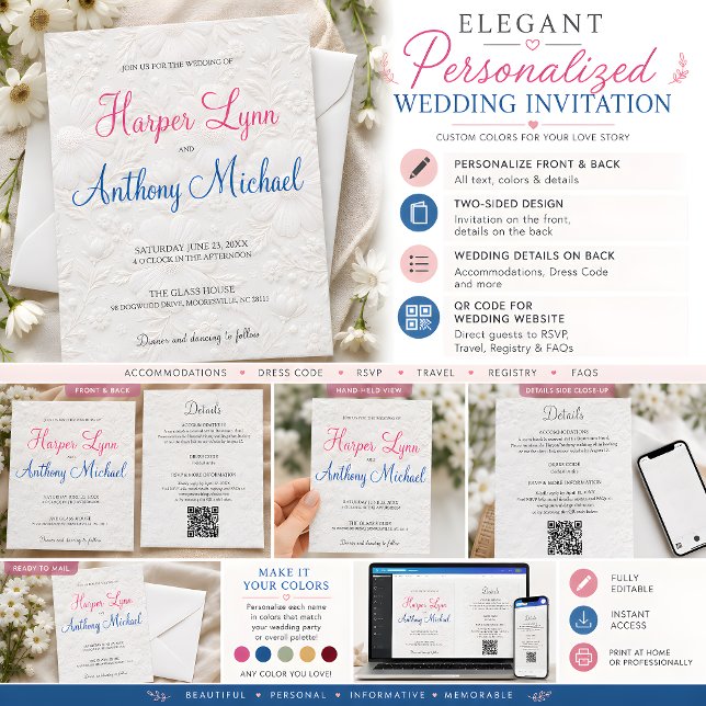 Invitación de boda floral de color blanco personal (Custom Color White Floral Wedding Invitation, all-in-one with details on the back.)