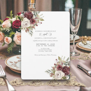Invitación de boda floral de color burdeos con acu