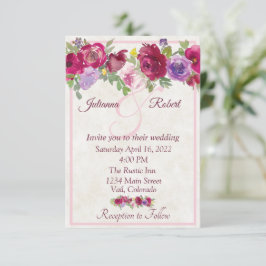 invitación de boda floral de color burdeos y púrpu