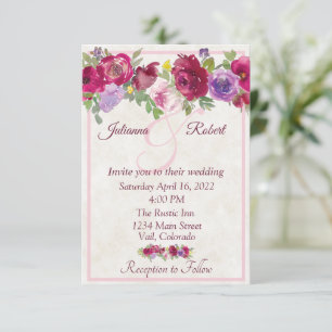 invitación de boda floral de color burdeos y púrpu