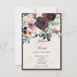 Invitación de boda floral de color burdeos y rosa 