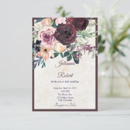 Invitación de boda floral de color burdeos y rosa