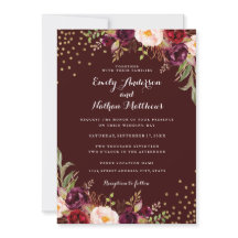 Invitación de boda floral de color burgundy con co