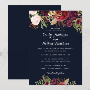 Invitación de boda floral de color navy de Borgoña