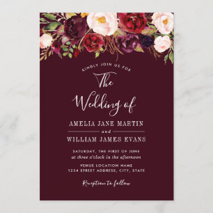 Invitación de boda floral de color rojo borgoña ac