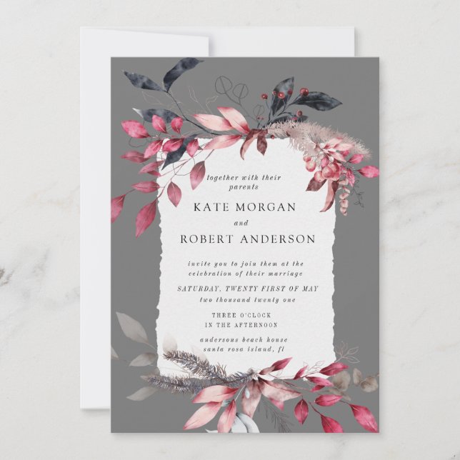 invitación de boda floral de color rojo invierno (Anverso)