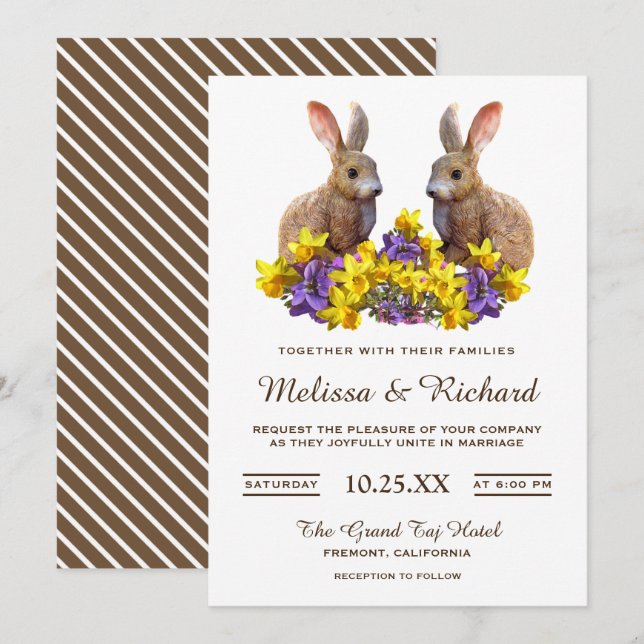 Invitación de boda floral de conejos románticos y  (Anverso / Reverso)