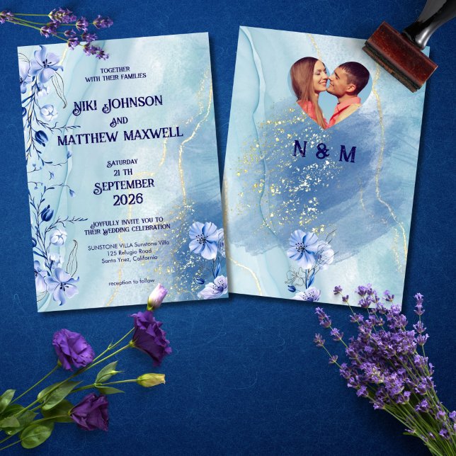 Invitación de boda floral de delfinium azul marino (Subido por el creador)