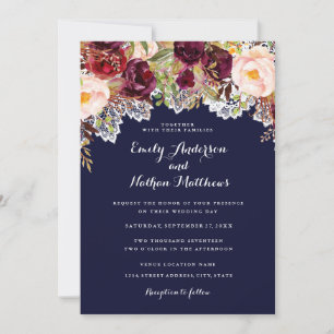 Invitación de boda floral de encaje borgoña naval