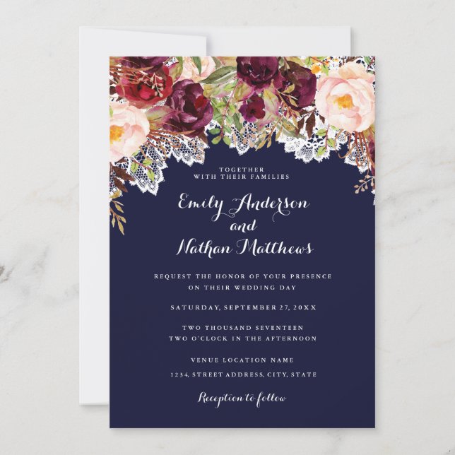 Invitación de boda floral de encaje borgoña naval (Anverso)