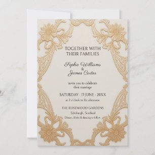 Invitación de boda floral de encaje dorado champán