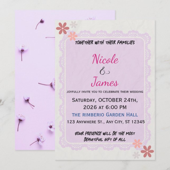 Invitación de boda floral de encaje lavanda delica (Anverso / Reverso)