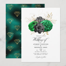 Invitación de boda floral de esmeralda oscura y do