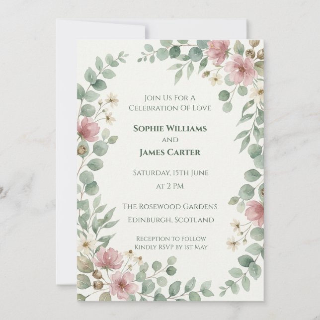 Invitación de boda floral de eucalipto rosa (Anverso)