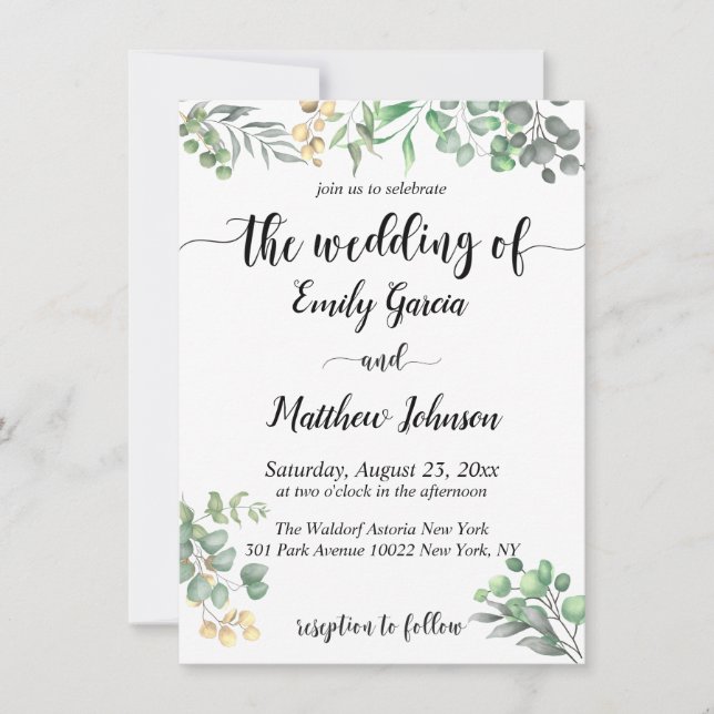 Invitación de Boda Floral de Eucalipto Simple Gree (Anverso)