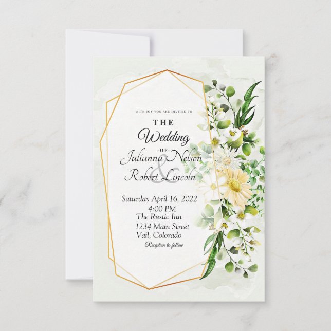 Invitación de boda floral de eucalipto y oro (Anverso)