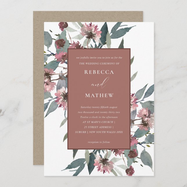 INVITACIÓN DE BODA FLORAL DE EUCALIPTUS RUSTIC RUS (Anverso / Reverso)