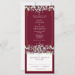 Invitación de boda floral de follaje lila burdeos