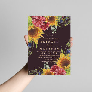 Invitación de boda floral de girasol granate