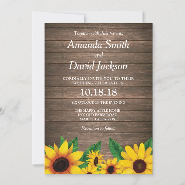 Invitación de boda floral de girasol rústico (Anverso)