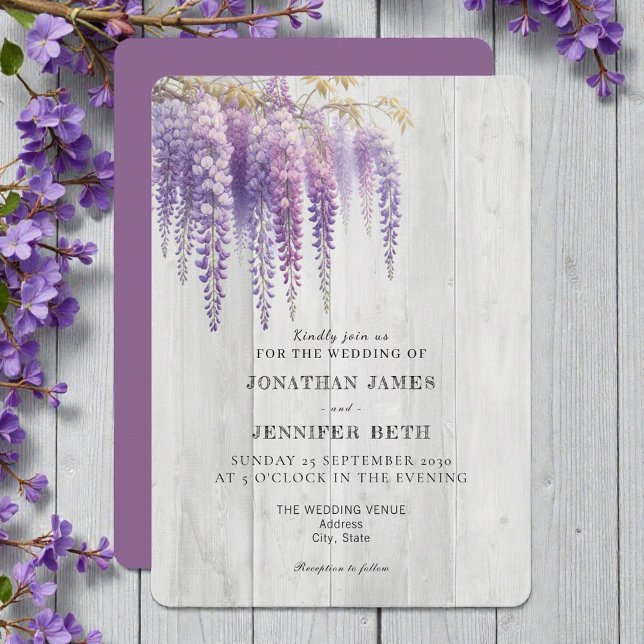 Invitación de boda floral de glicina sobre madera  (Subido por el creador)