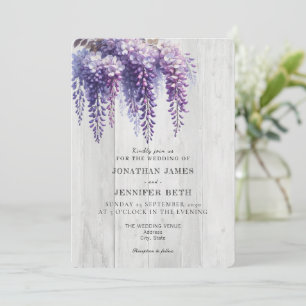 Invitación de boda floral de glicina sobre madera 