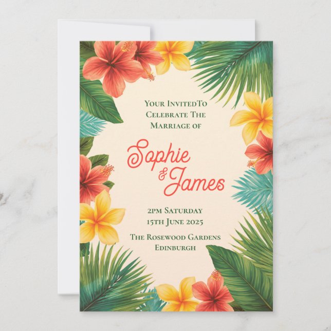 Invitación de boda floral de hibisco tropical (Anverso)