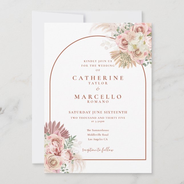 Invitación de Boda Floral de Hierba de Pampas con  (Anverso)