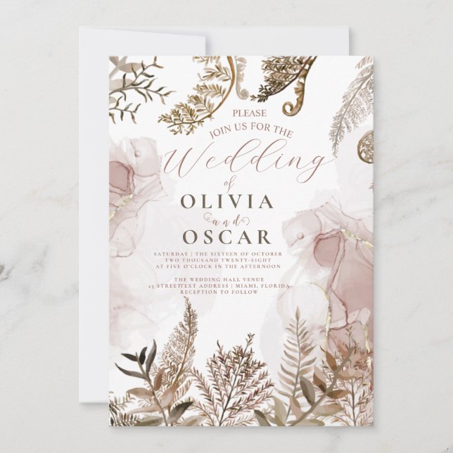 Invitación de boda floral de hierba de Pampas rosa (Anverso)