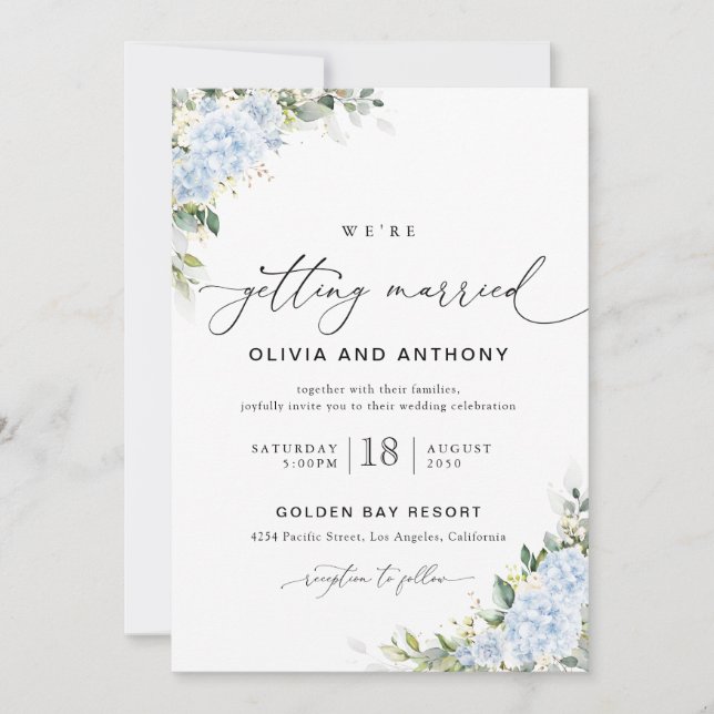 Invitación de boda floral de Hortensia Azul (Anverso)