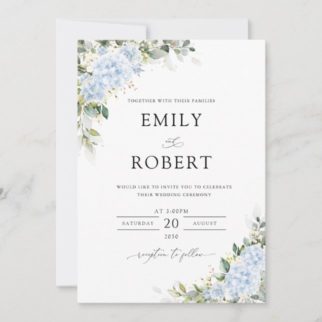 Invitación de boda floral de Hortensia Azul (Anverso)