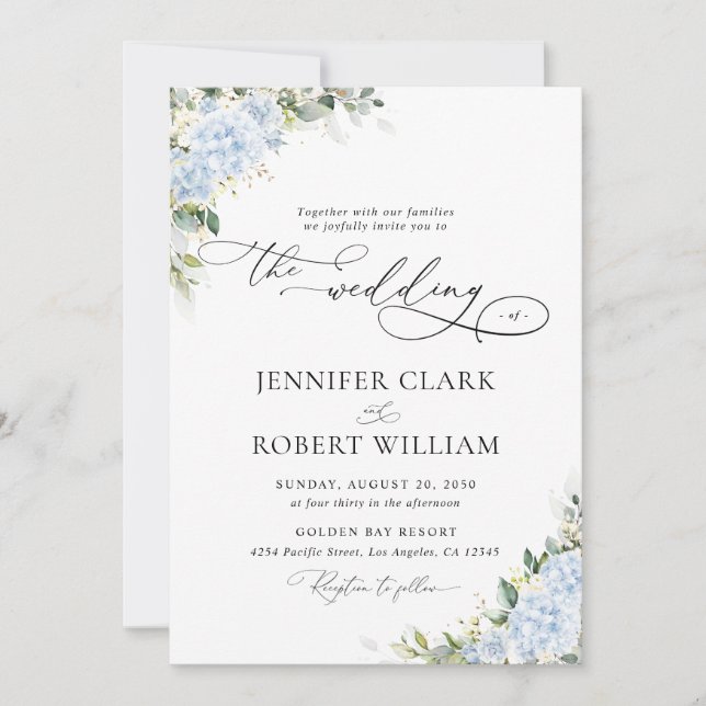 Invitación de boda floral de Hortensia Azul (Anverso)