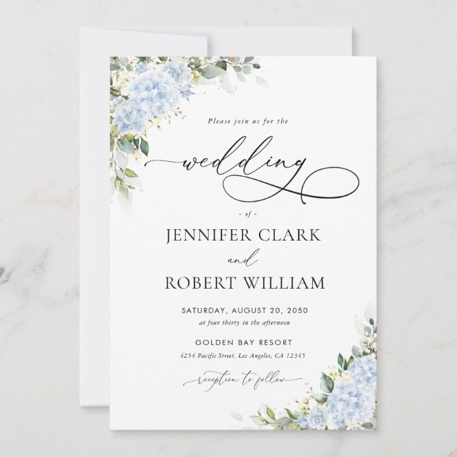 Invitación de boda floral de Hortensia Azul (Anverso)