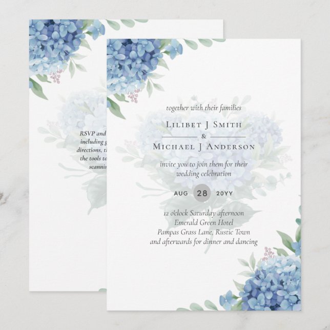 Invitación de boda floral de hortensia azul modern (Anverso / Reverso)
